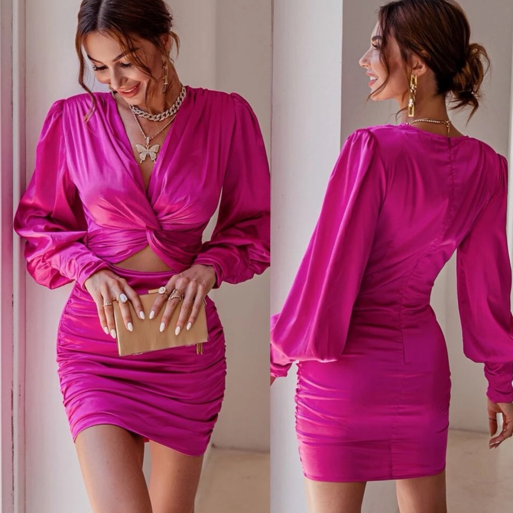 Date night dress cutout long sleeve satin ruched v neck hot pink